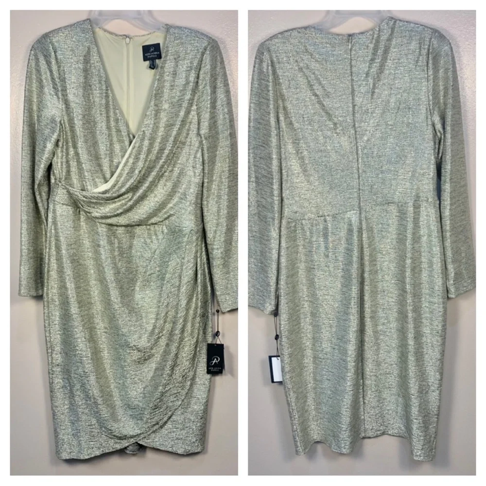 Adriana Papell Metallic Foiled Jersey Wrap Dress - Picture 1 of 13
